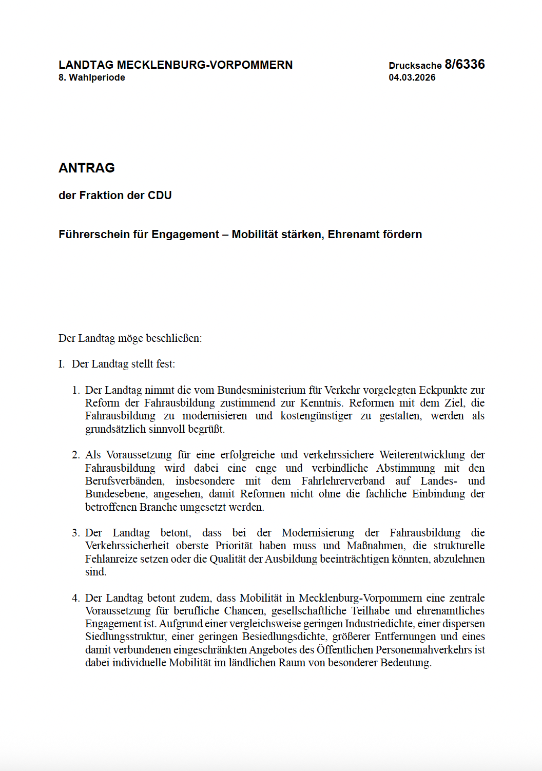 Antrag CDU-Landtagsfraktion M-V Führerschein & Ehrenamt